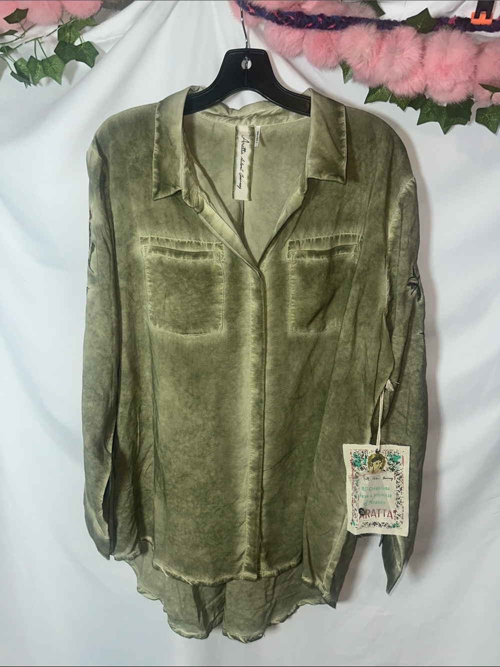 Aratta silent journey Olive Satin Button-Front Women's Shirt by Free People